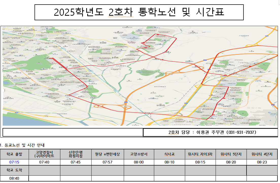 25학년도 2호차 통학노선 및 시간표-2호차 담당 : 이용권 주무관 (031-931-7937)      1. 등교노선 및 시간 안내     고양경찰서     (구)하이마트     07:40          학교 출발          07:15          학교 도착          08:40          신한은행     화청지점     07:45          원당 e편한세상          07:57          고양소방서          08:00          식사교          08:10          위시트 자이3차          08:15          위시트 5단지          08:20          위시티 4단지          08:23
